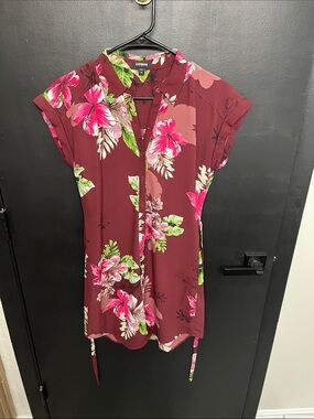 Express Burgundy Floral Dress with Pink & Green Accents